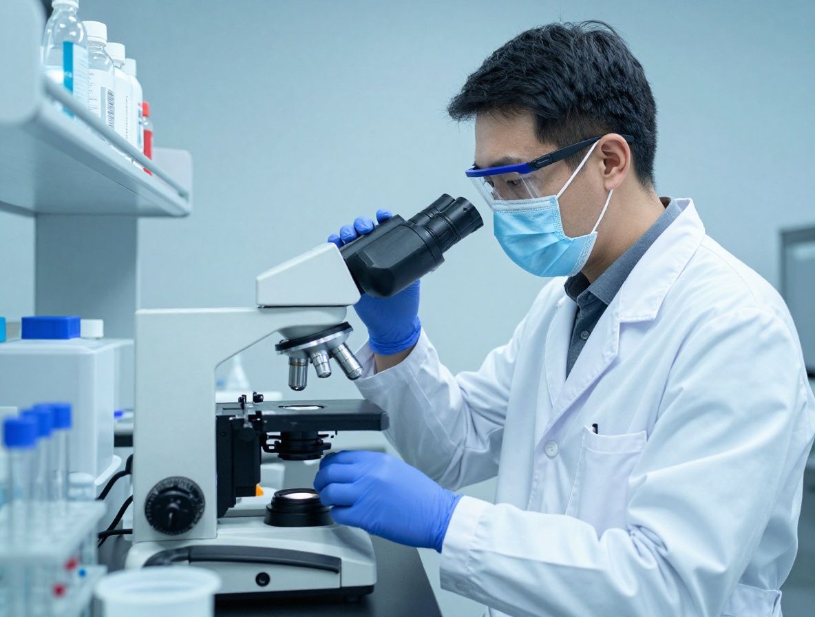 Investigador con bata de laboratorio examinando muestras en tubos de ensayo con microscopio electrónico al fondo en laboratorio moderno con luz azul fría