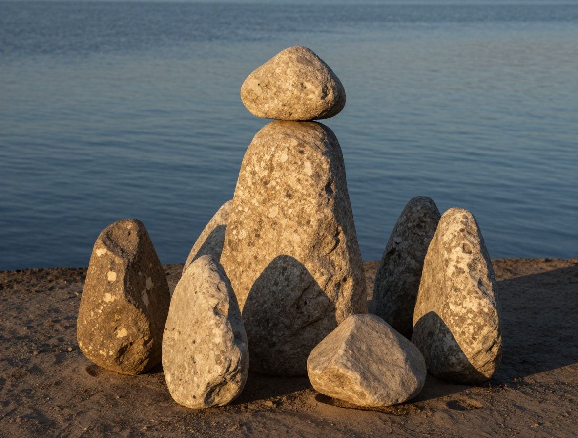 Piedras de meditación apiladas en equilibrio perfecto sobre superficie de agua tranquila al atardecer con luz dorada reflejada