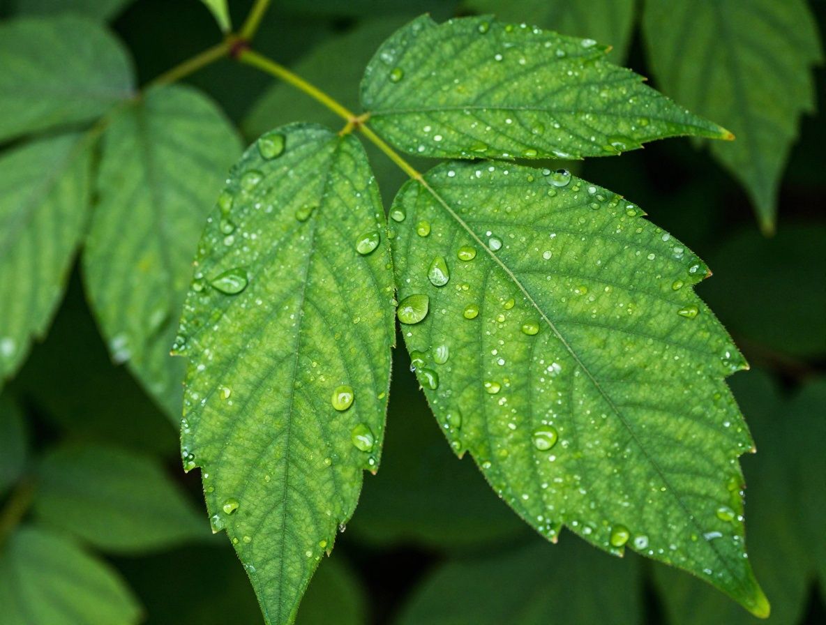 Bayas de saúco negro frescas con gotas de agua sobre hoja verde brillante con fondo de bosque difuminado