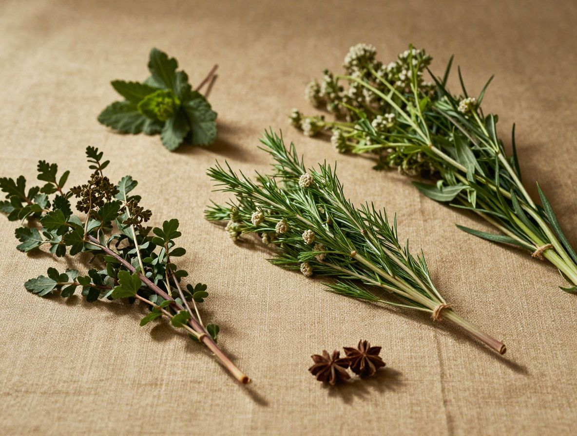Hierbas medicinales y plantas secas dispuestas artísticamente en fondo de tela de lino natural con luz cálida lateral