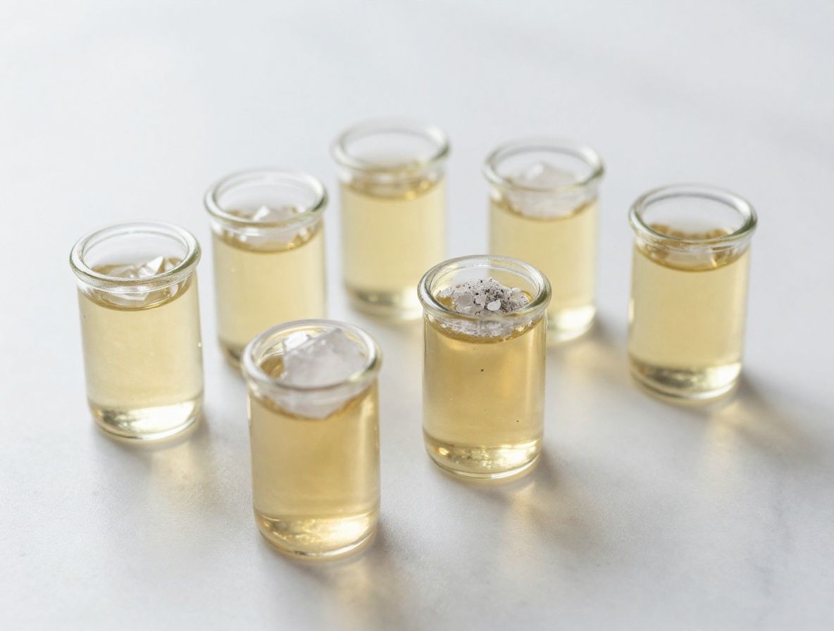 Minerales en polvo y cristalizados en pequeños frascos de laboratorio de vidrio transparente sobre mesa de mármol blanco