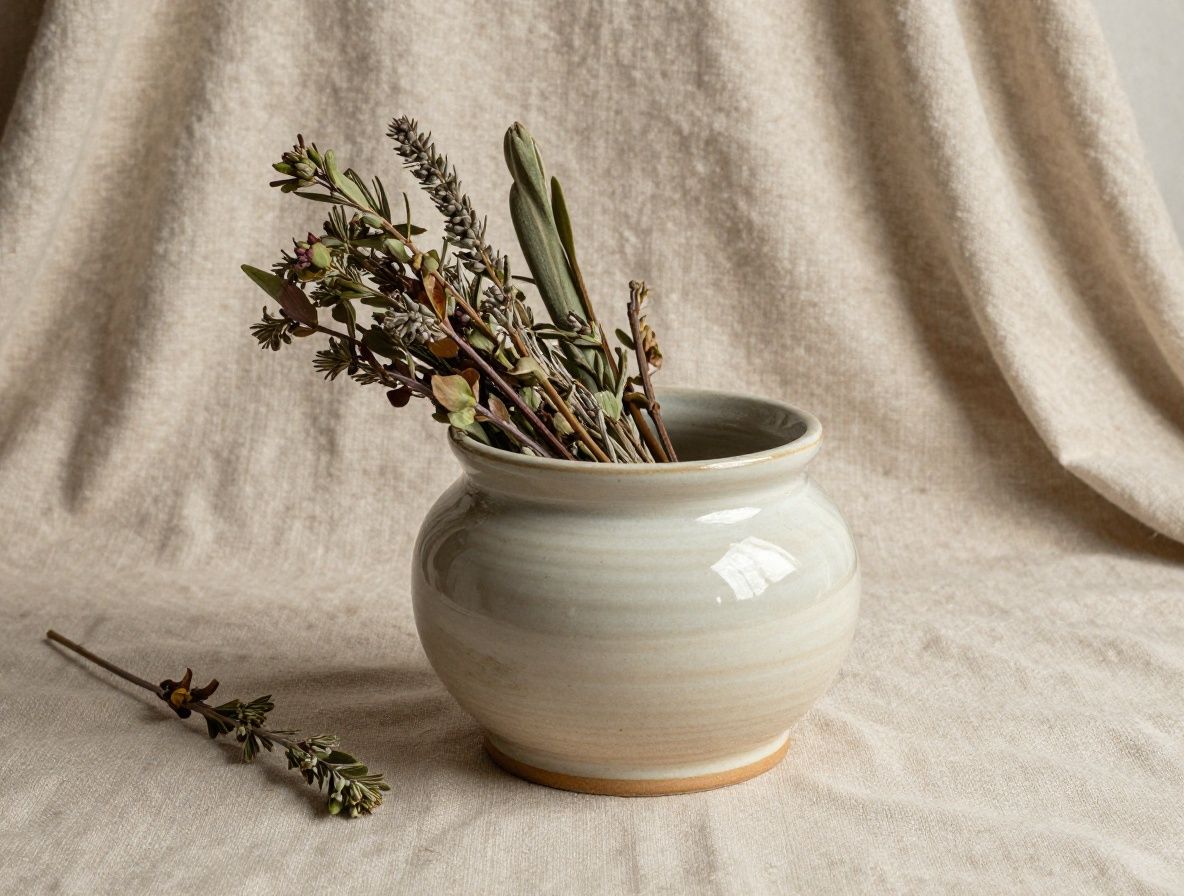 Tazón de cerámica con hierbas aromáticas frescas sobre fondo de tela de lino y luz matutina natural suave