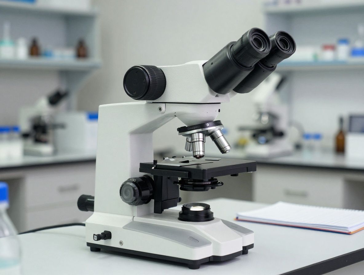 Mesa de laboratorio de investigación con microscopio de alta precisión, portaobjetos y cuadernos de notas científicas bajo iluminación fría de neón